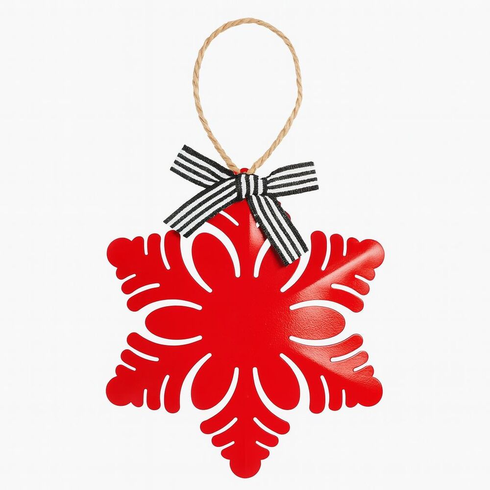 Red Metal Snowflake Christmas Tree Ornament Gift Tag Black White Striped Bow NEW